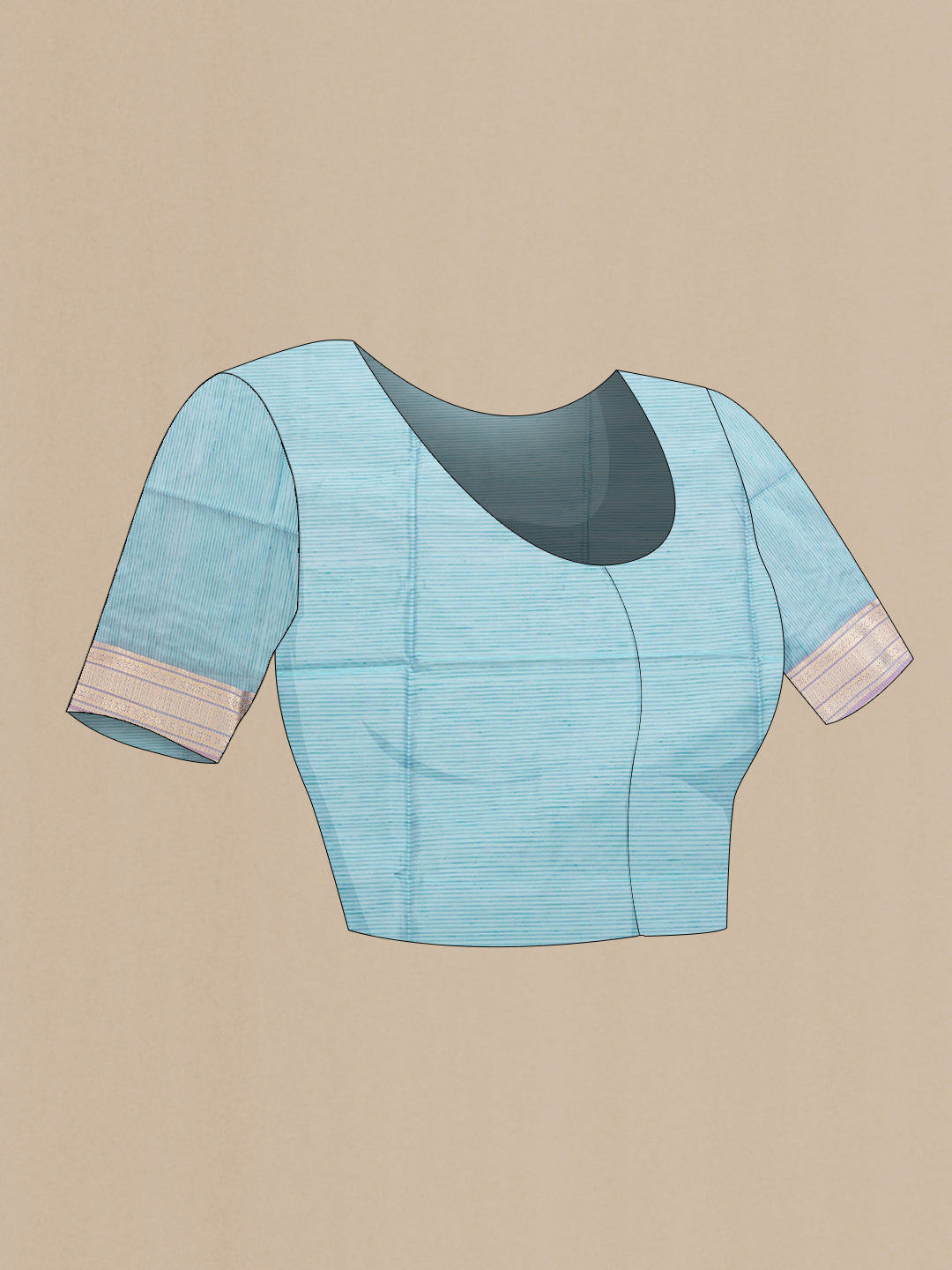 Close up image of the blouse of Sky Blue Dual Tone Maheshwari Silk Saree with Stripes on the body and Zari Border. 