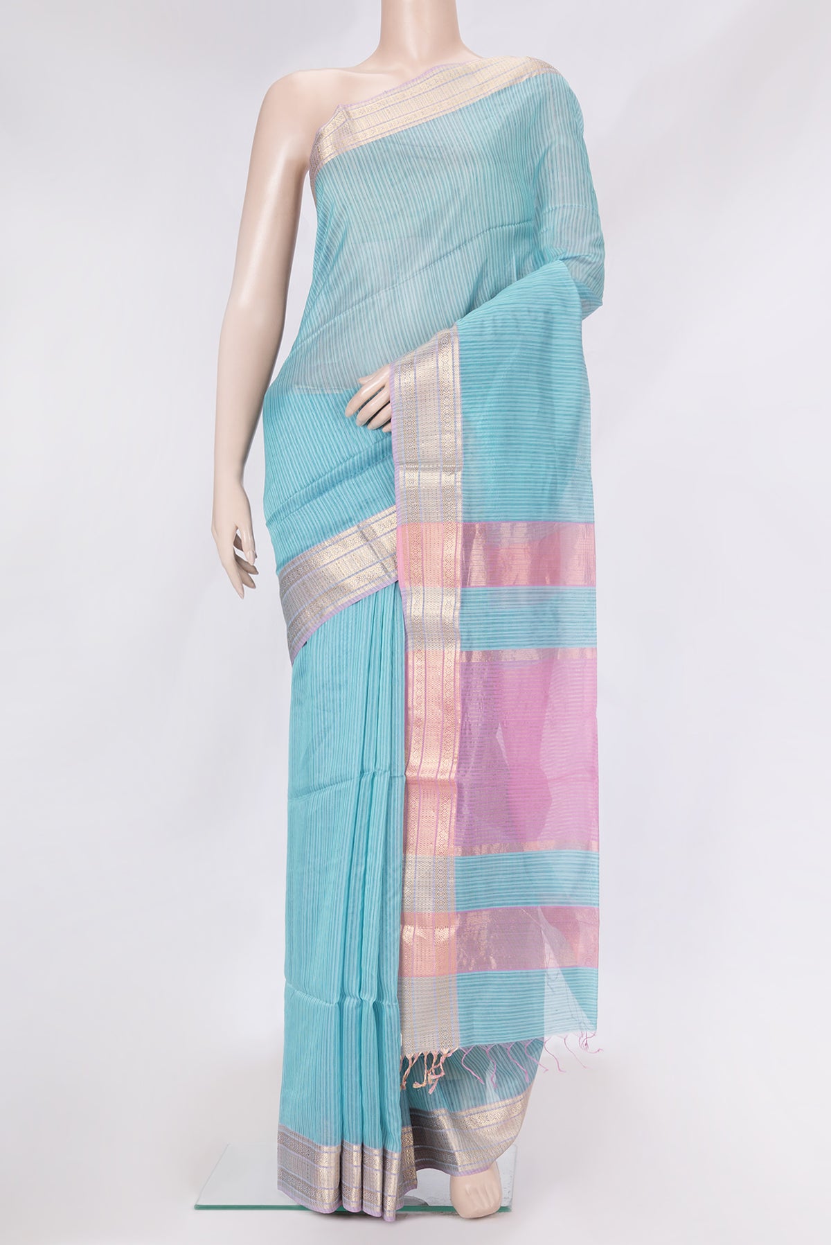 Sky Blue Dual Tone Maheshwari Silk Saree with Stripes on the body and Zari Border.  displayed on a mannequin