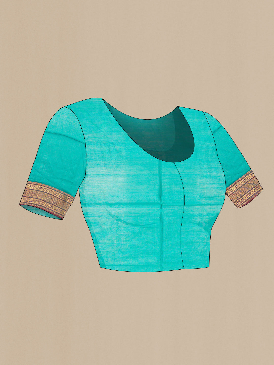 Close up image of the blouse of Turquoise Dual Tone Maheshwari Silk Cotton Saree with Stripes on the body and Zari Border. 