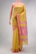 Mustard Dual Tone Maheshwari Silk Cotton Saree with Stripes on the body and Zari Border.  displayed on a mannequin