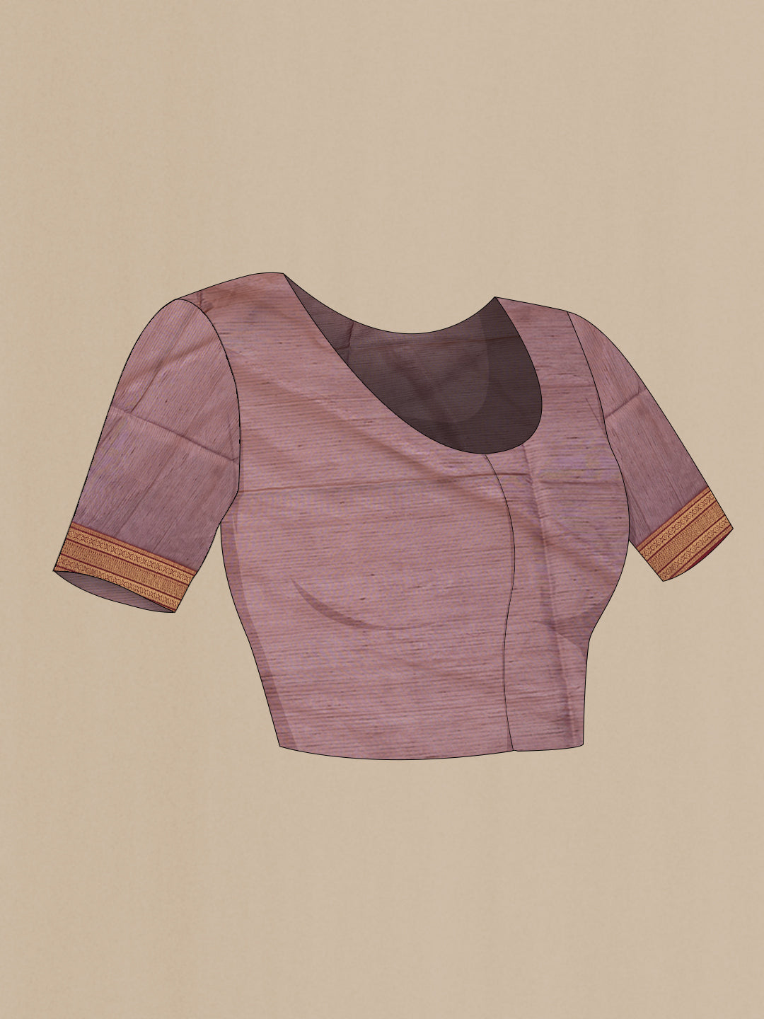 Close up image of the blouse of Maroon Dual Tone Maheshwari Silk Saree with Stripes on the body and Zari Border. 