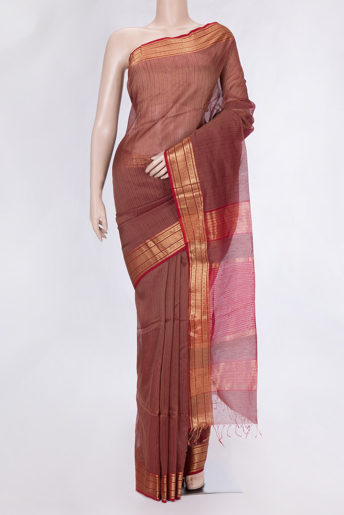 Maroon Dual Tone Maheshwari Silk Saree with Stripes on the body and Zari Border.  displayed on a mannequin