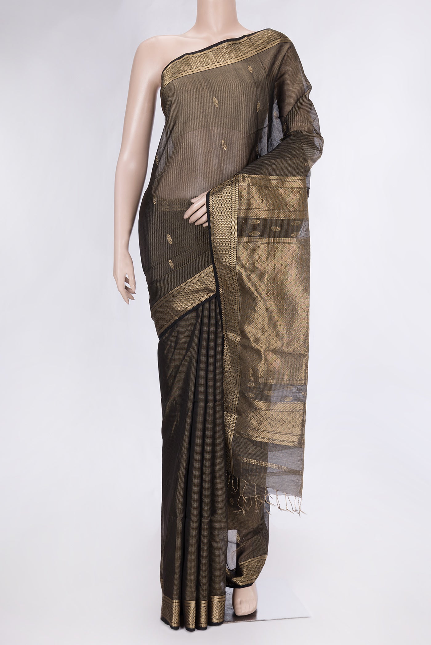 Black Dual Tone Maheshwari Silk Saree with Stripes on the body and Zari Border.  displayed on a mannequin