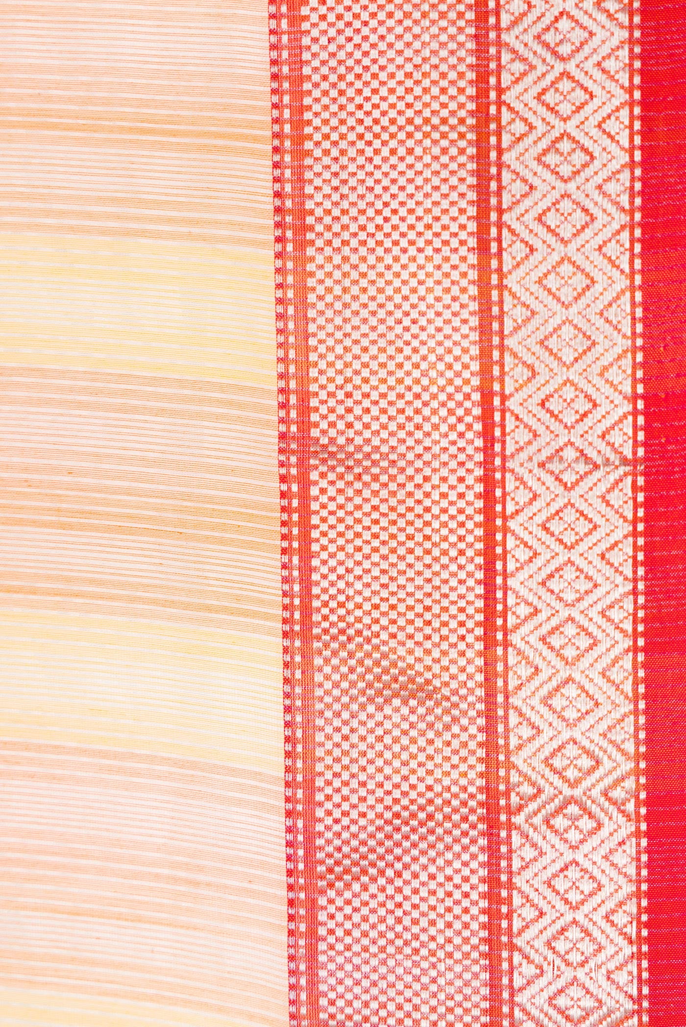 Border image of Orange and Yellow Color Maheshwari Silk Saree with Stripes on the body and Zari Border. 
