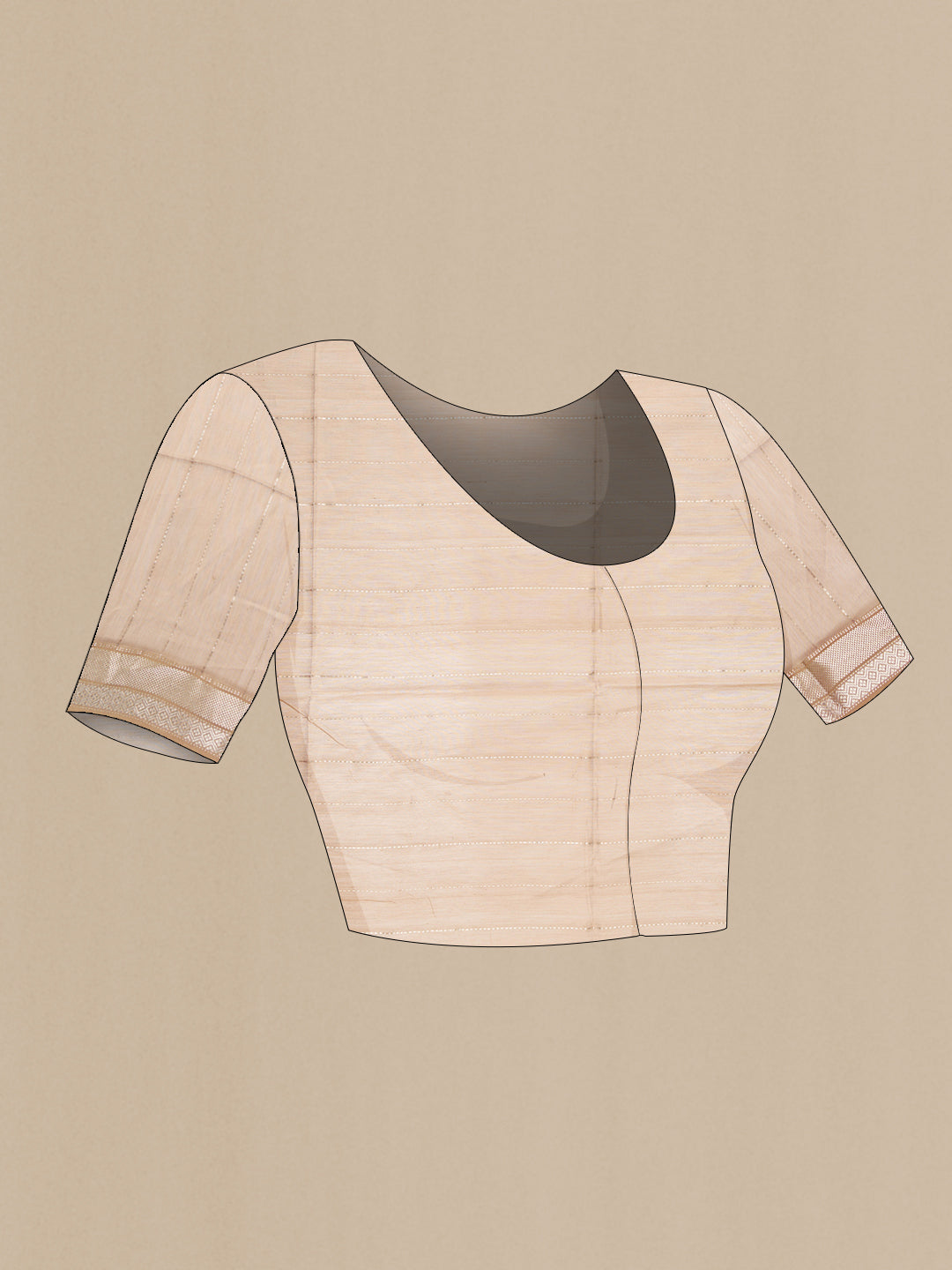 Close up image of the blouse of Rose Gold Maheshwari Silk Cotton Saree with Stripes on the body and Zari Border. 