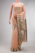 Rose Gold Maheshwari Silk Cotton Saree with Stripes on the body and Zari Border.  displayed on a mannequin