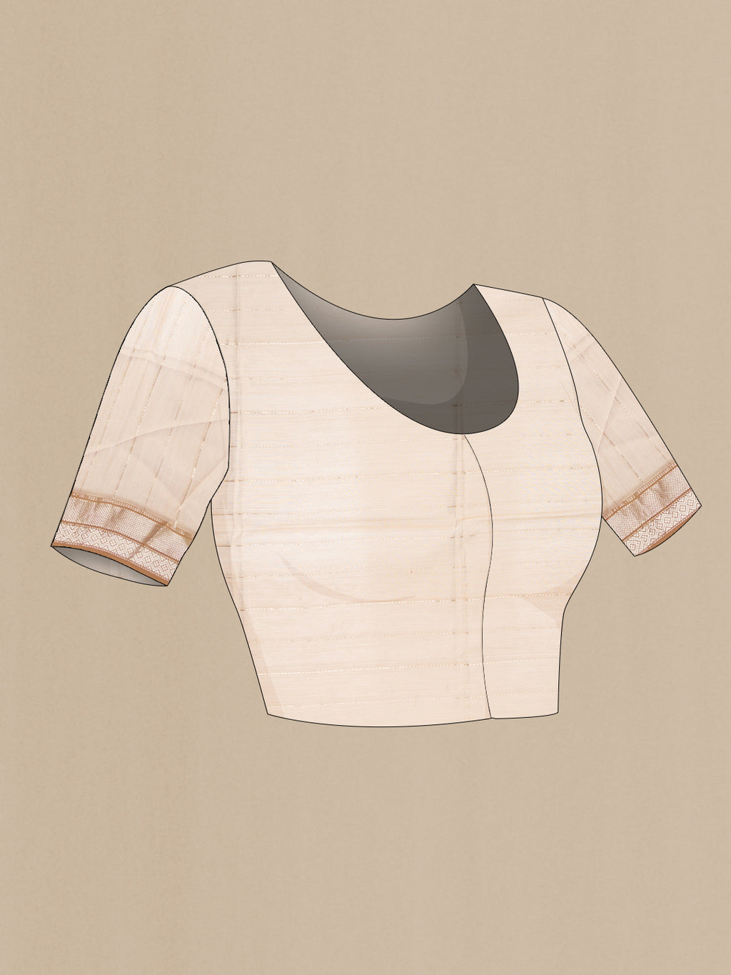 Close up image of the blouse of Dark Beige Dual Tone Maheshwari Silk Cotton Saree with Stripes on the body and Zari Border. 