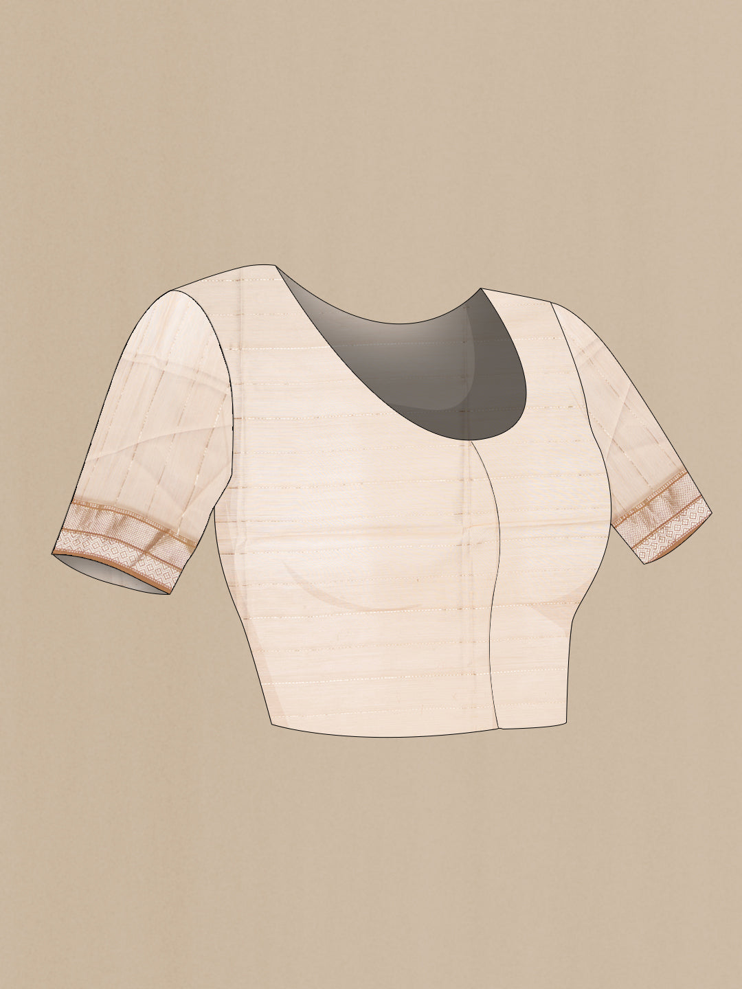 Close up image of the blouse of Dark Beige Dual Tone Maheshwari Silk Cotton Saree with Stripes on the body and Zari Border. 