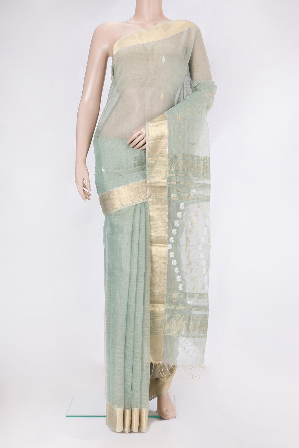 Sage Green Kota Silk Saree with Checked design on the body and Zari Border.  displayed on a mannequin