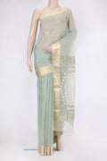 Sage Green Kota Silk Saree with Checked design on the body and Zari Border.  displayed on a mannequin