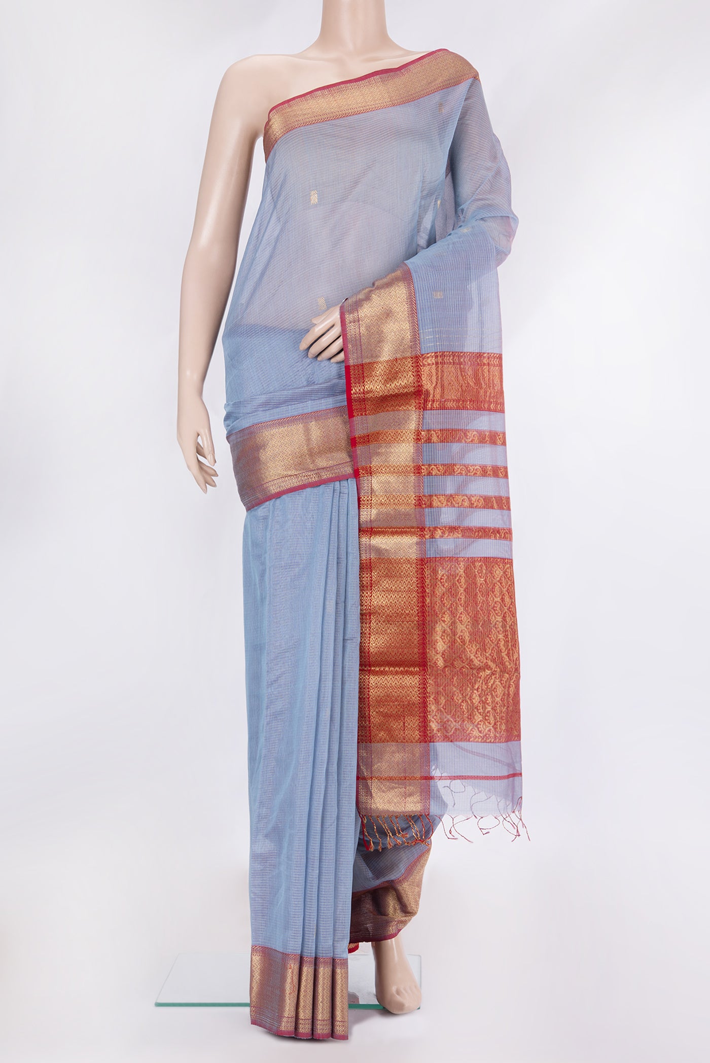 Purple Dual Tone Kota Silk Saree with Zari Butta on the body and Zari Border.  displayed on a mannequin