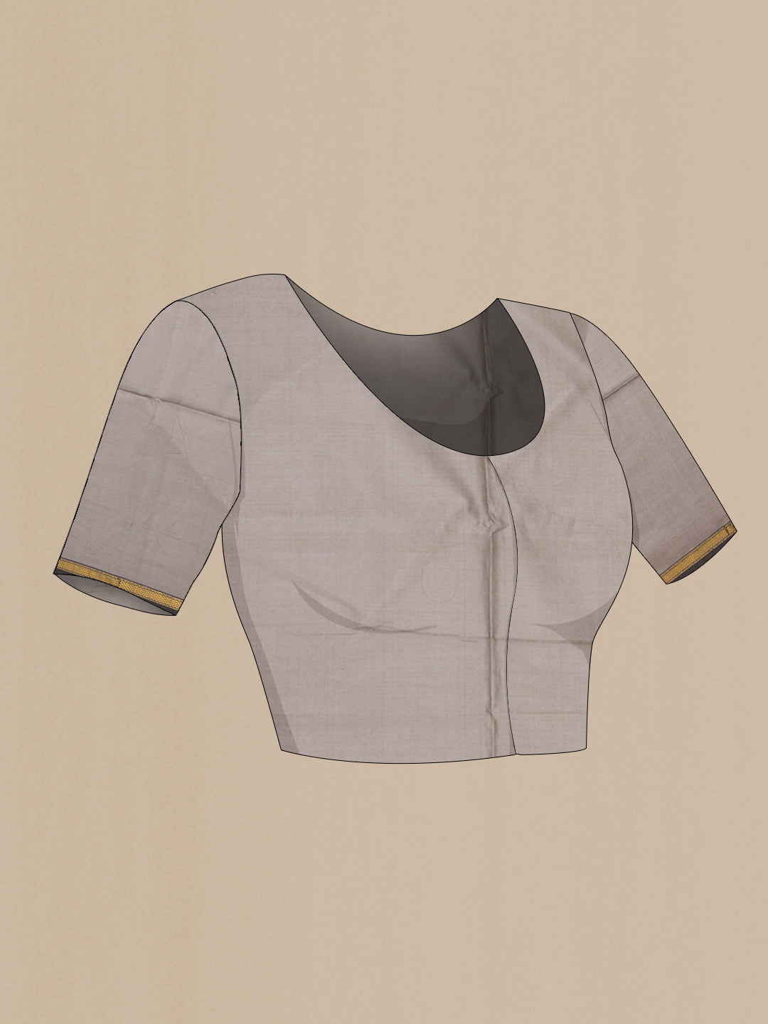 Close up image of the blouse of Grey Maheshwari Silk Saree with Stripes on the body and Zari Border. 