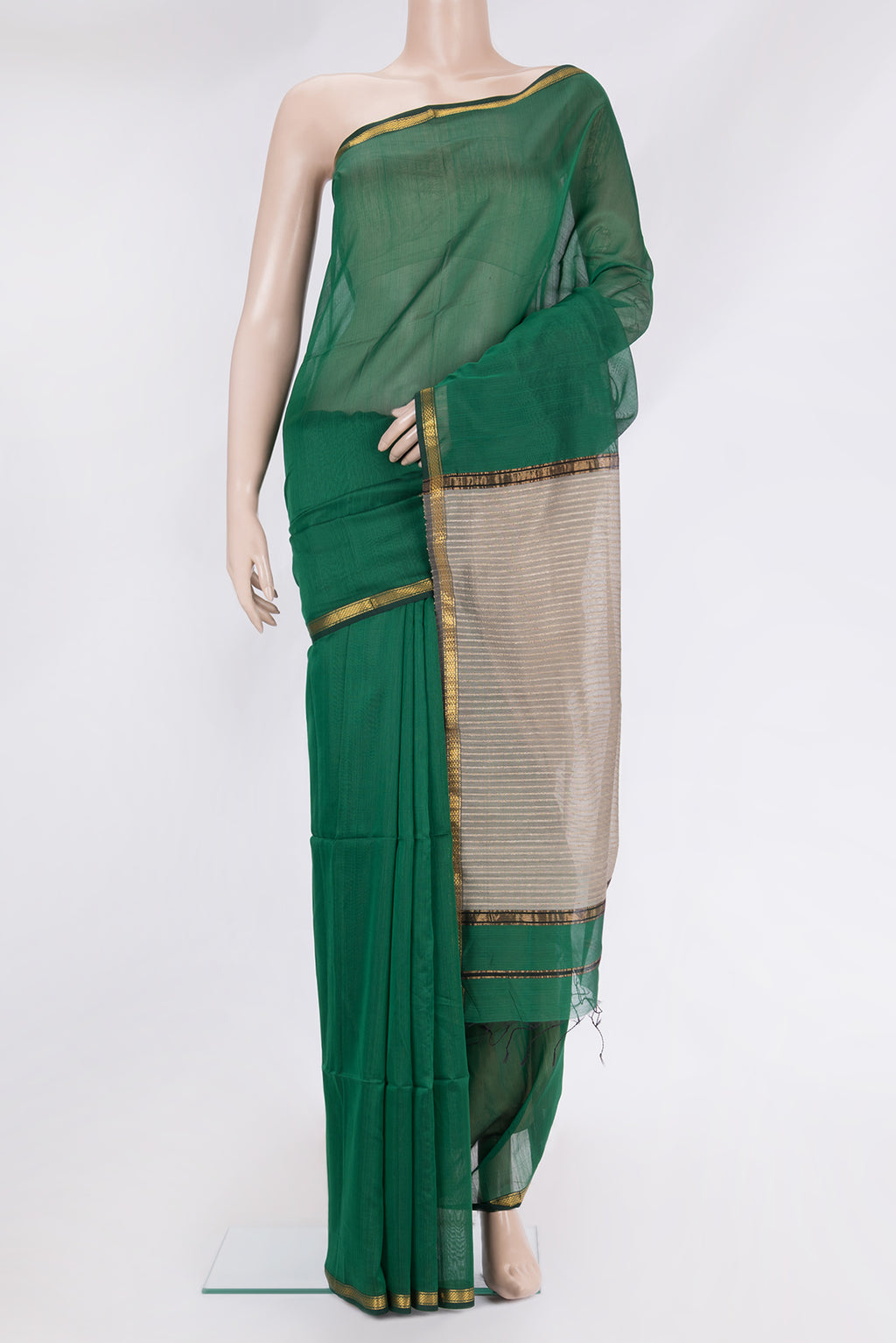 Grey Maheshwari Silk Saree with Stripes on the body and Zari Border.  displayed on a mannequin
