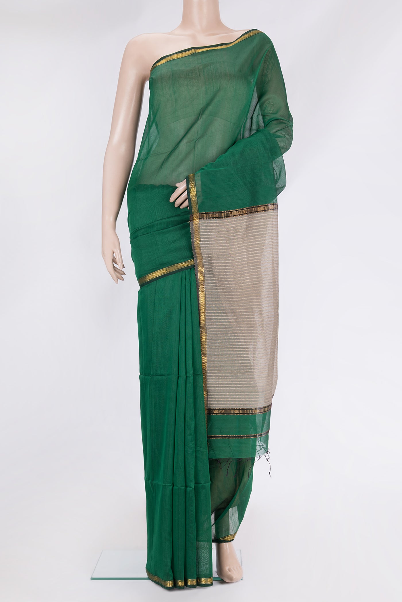 Grey Maheshwari Silk Saree with Stripes on the body and Zari Border.  displayed on a mannequin