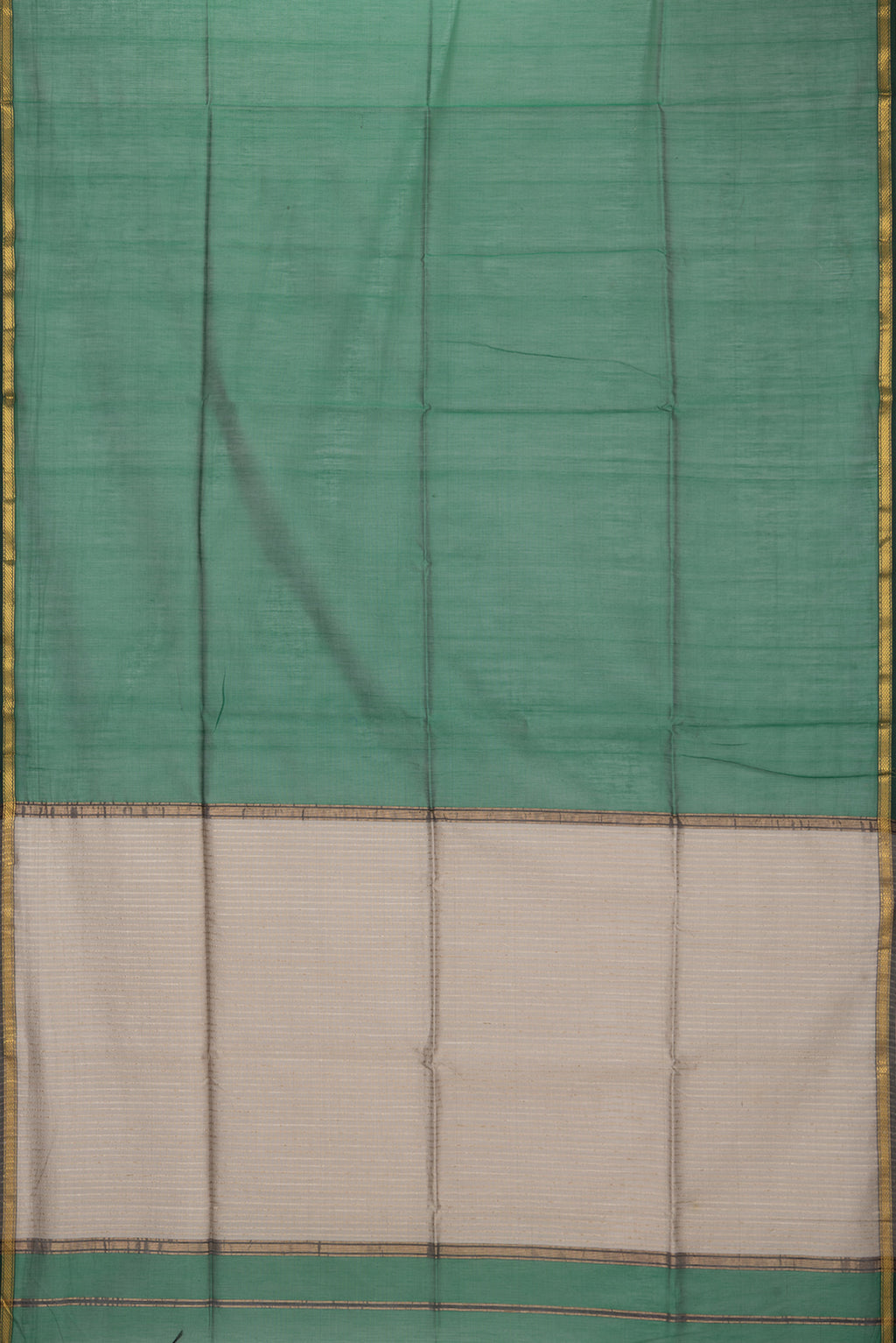 Flat view of Grey Maheshwari Silk Saree with Stripes on the body and Zari Border. 