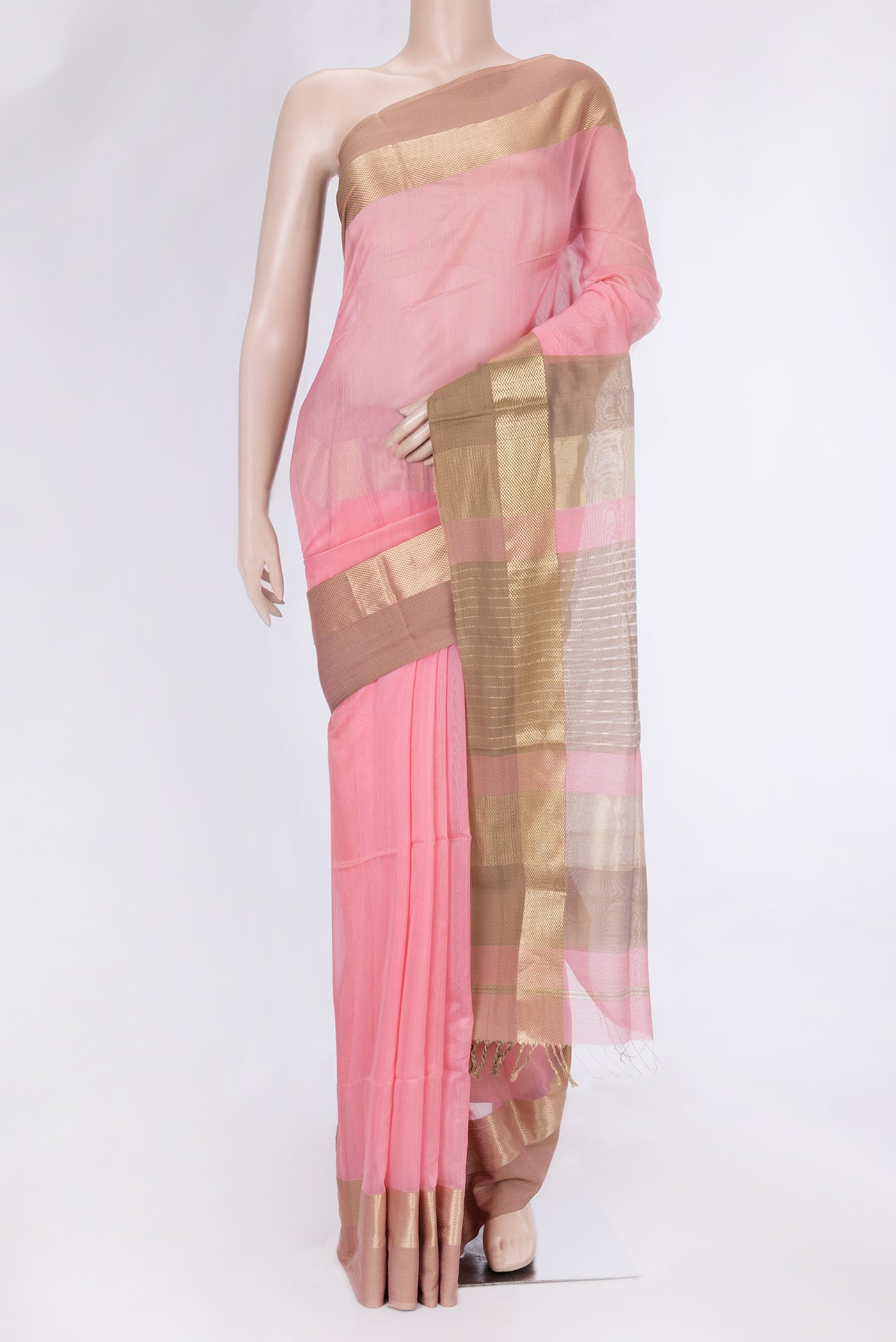 Pink Dual Tone Maheshwari Silk Saree with Plain Body and Zari Border.  displayed on a mannequin
