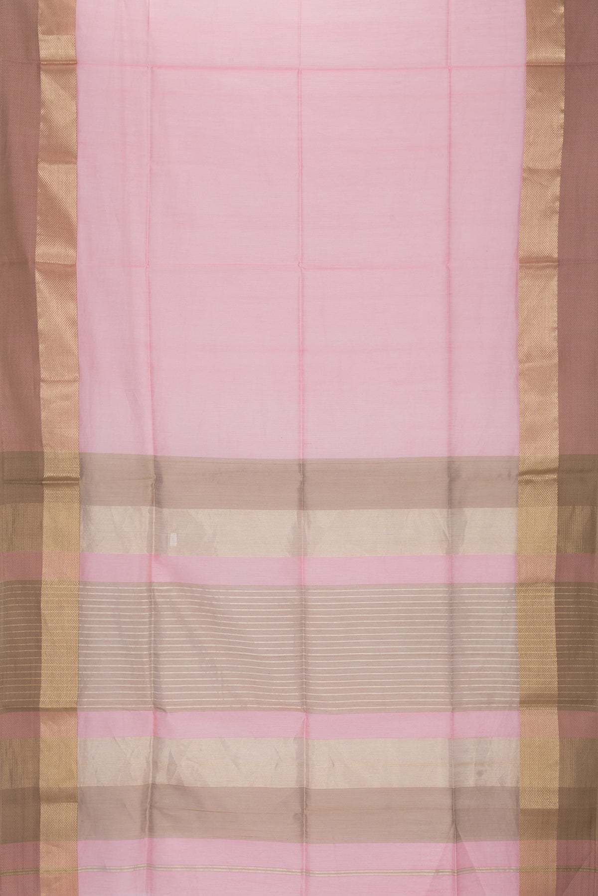 Flat view of Pink Dual Tone Maheshwari Silk Saree with Plain Body and Zari Border. 