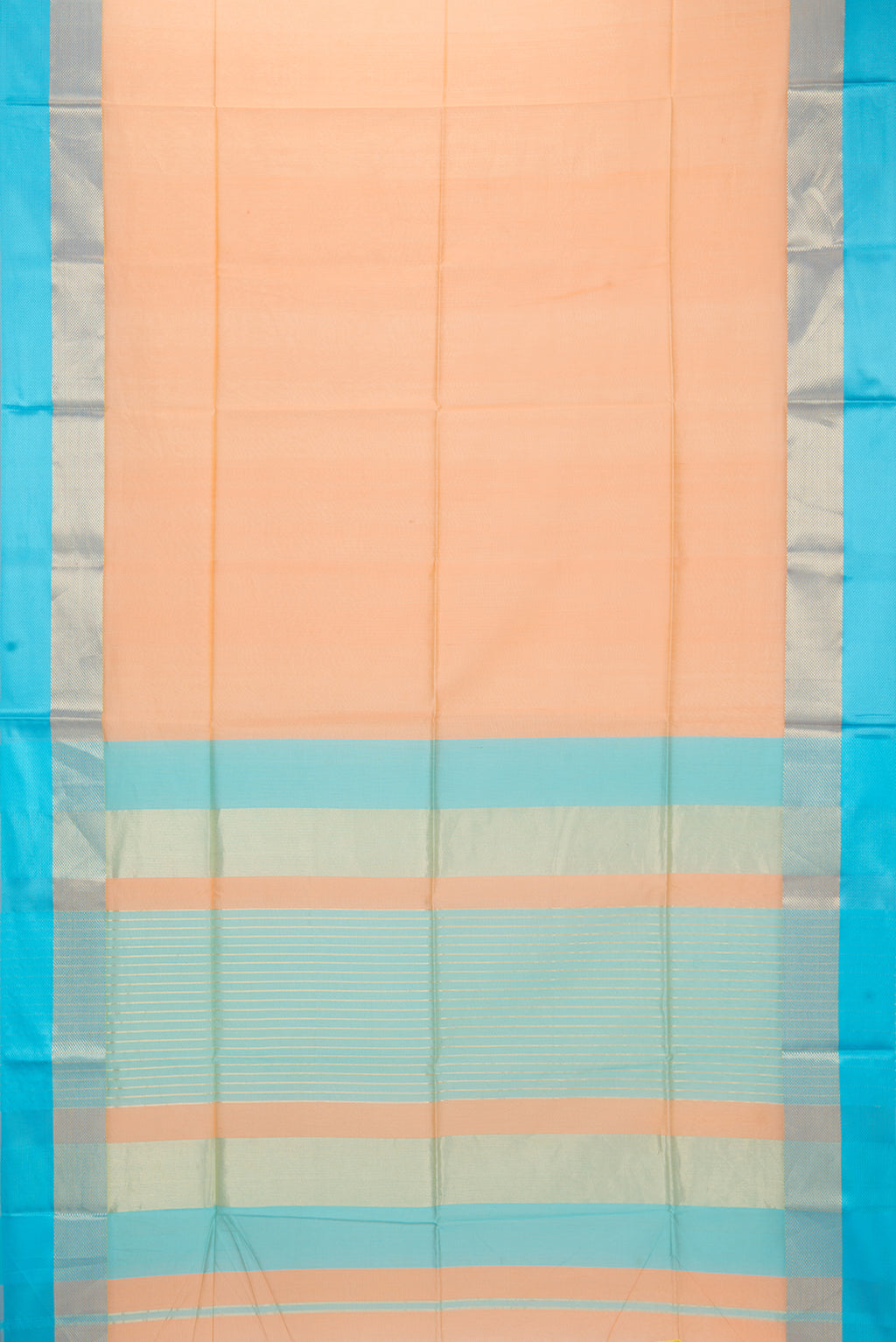 Flat view of Golden Peach Maheshwari Silk Saree with Plain Body and Zari And Thread Border. 