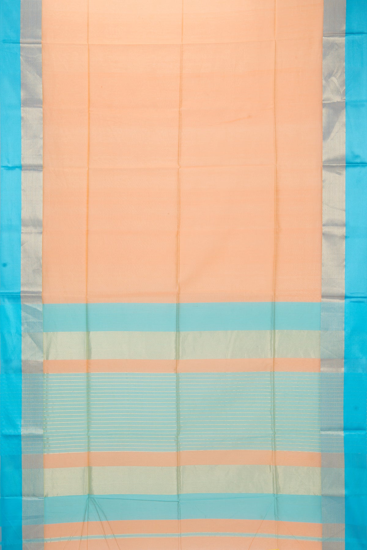 Flat view of Golden Peach Maheshwari Silk Saree with Plain Body and Zari And Thread Border. 