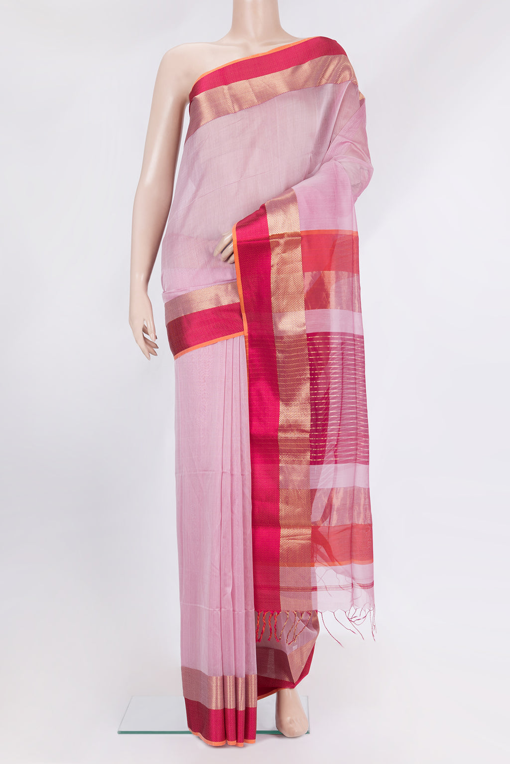 Rose pink Maheshwari Silk Saree with Plain Body and Zari And Thread Border.  displayed on a mannequin