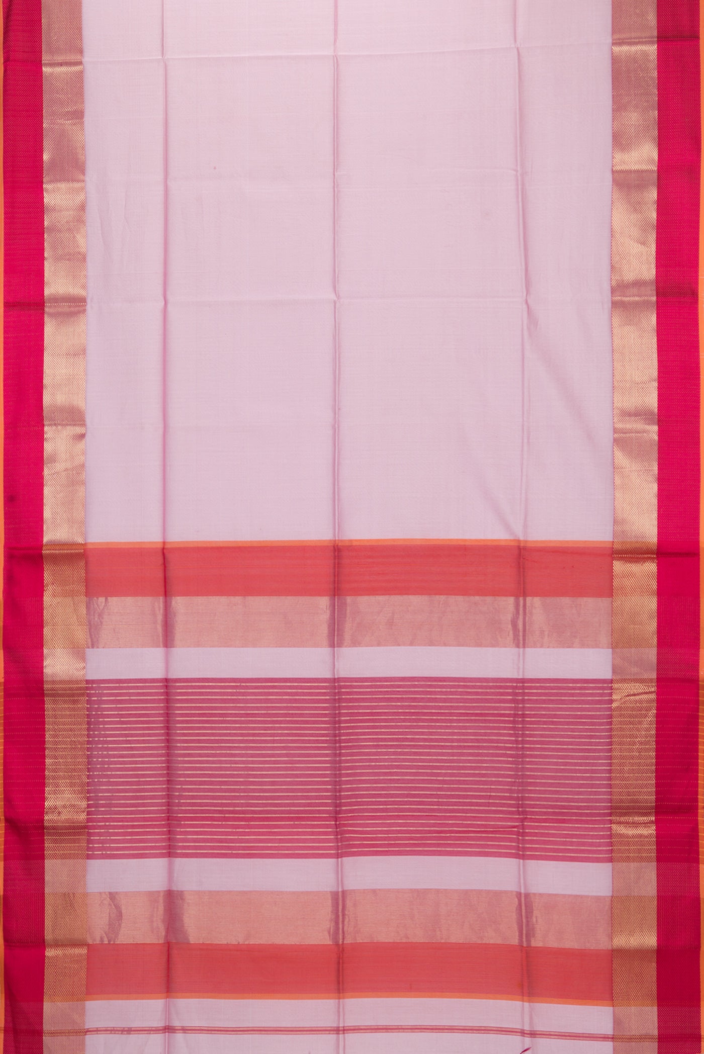 Flat view of Rose pink Maheshwari Silk Saree with Plain Body and Zari And Thread Border. 