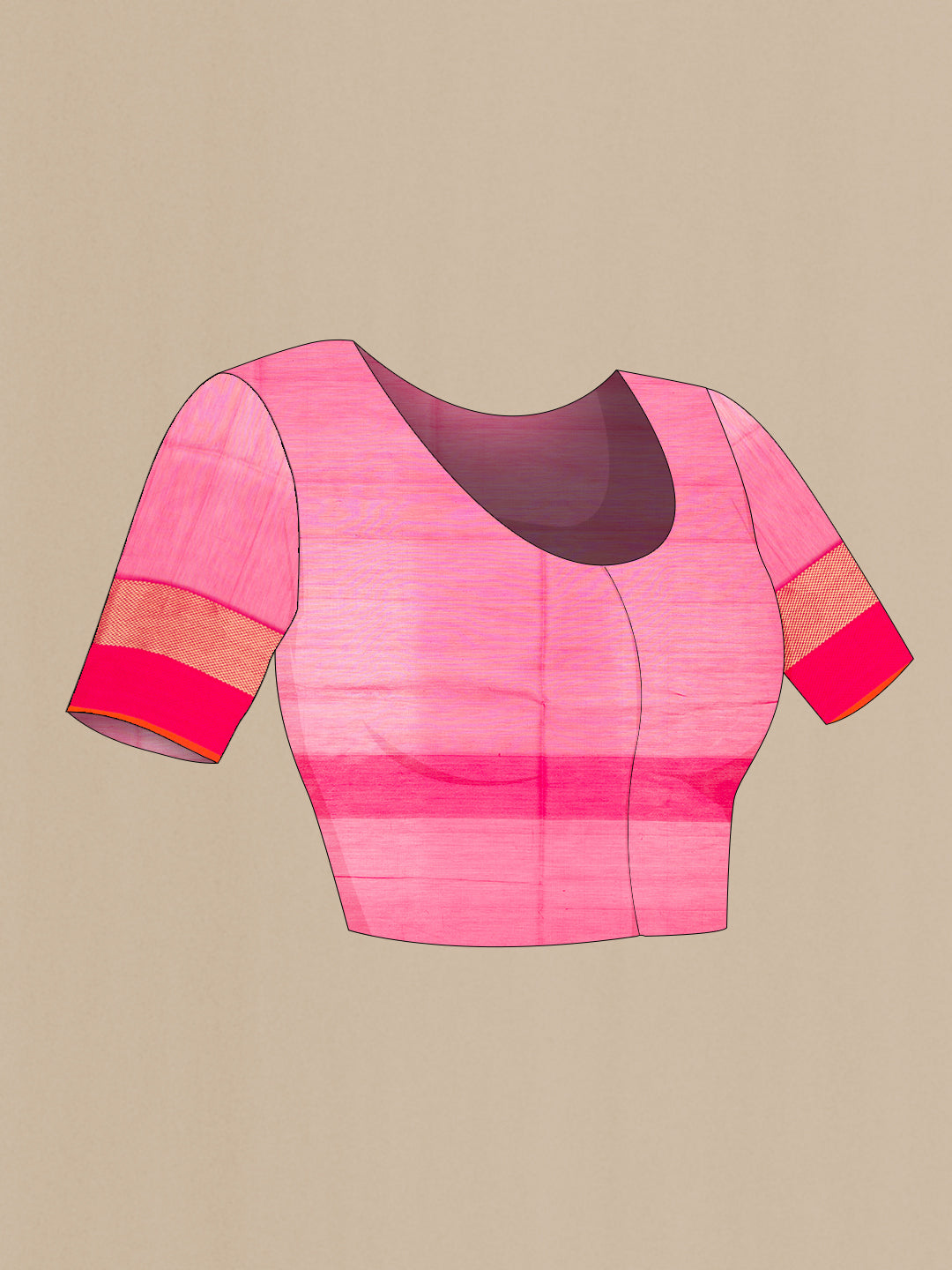 Close up image of the blouse of Pink Dual Tone Maheshwari Silk Cotton Saree with Plain Body and Zari And Thread Border. 