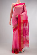 Pink Dual Tone Maheshwari Silk Cotton Saree with Plain Body and Zari And Thread Border.  displayed on a mannequin