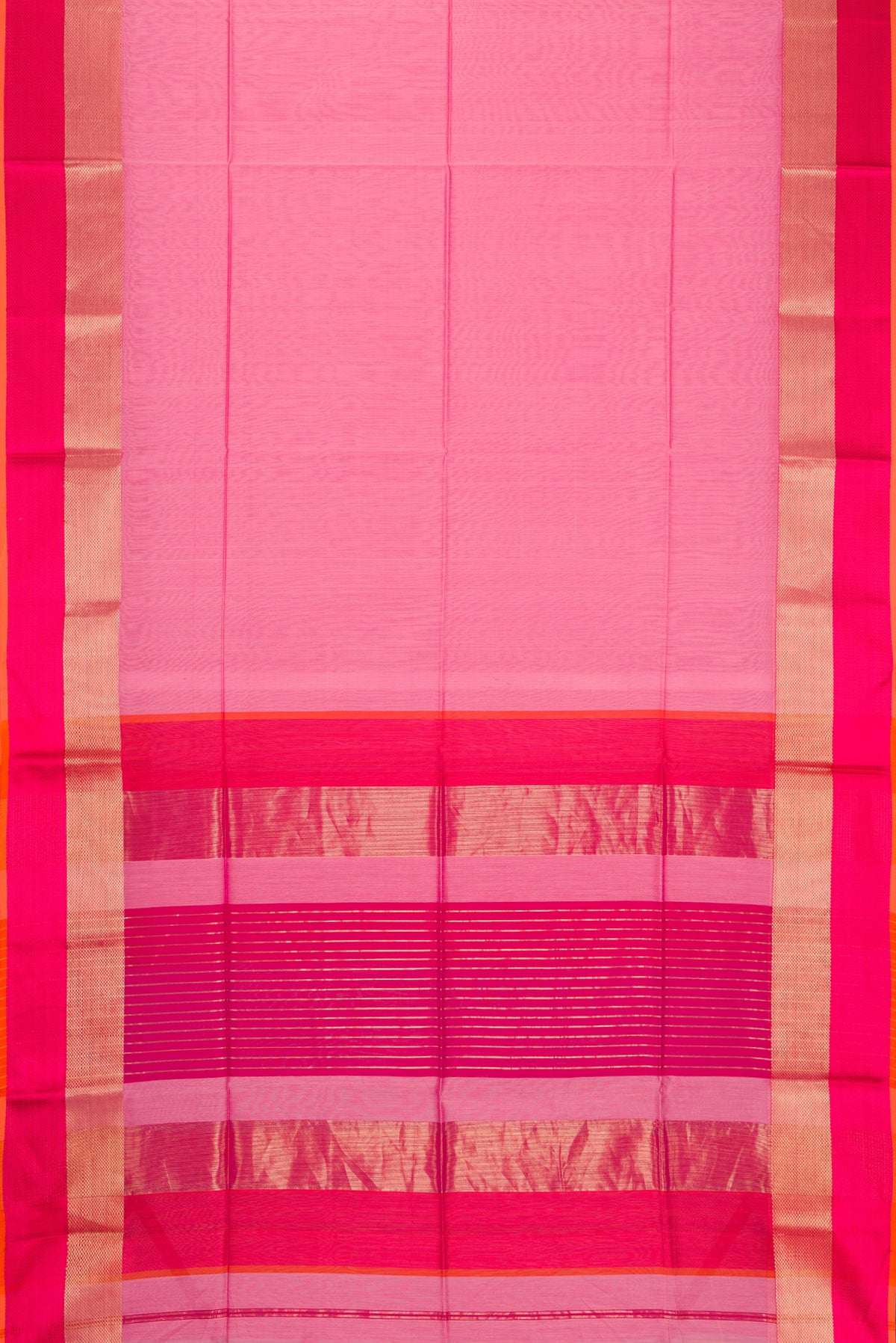 Flat view of Pink Dual Tone Maheshwari Silk Cotton Saree with Plain Body and Zari And Thread Border. 