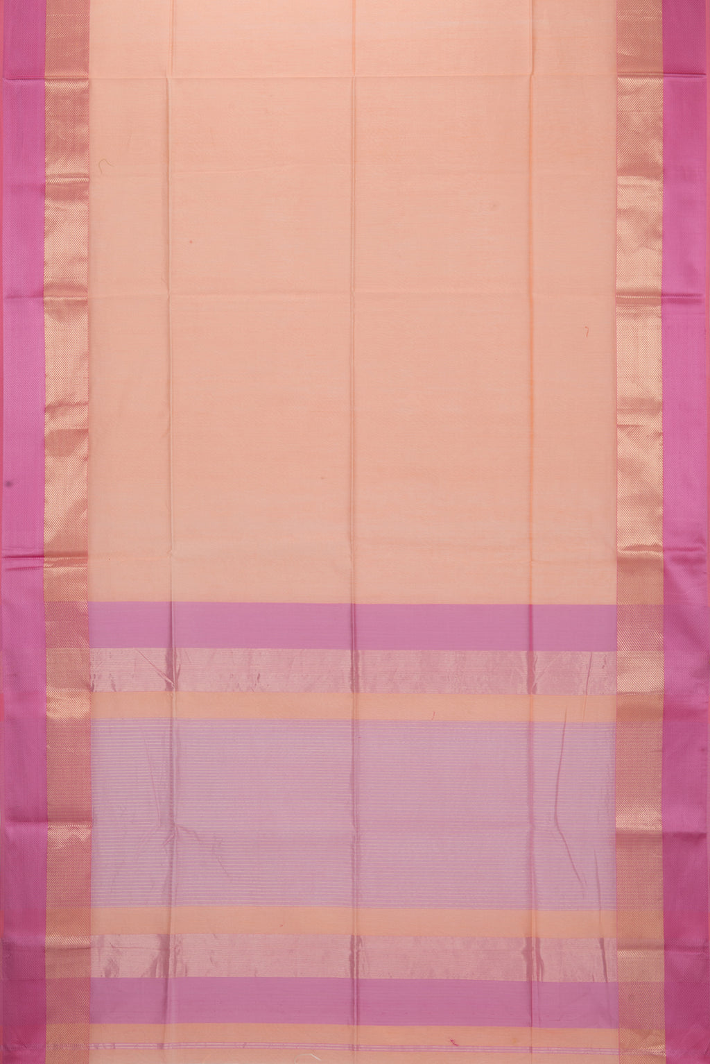 Flat view of Peach Maheshwari Silk Saree with Plain Body and Zari And Thread Border. 