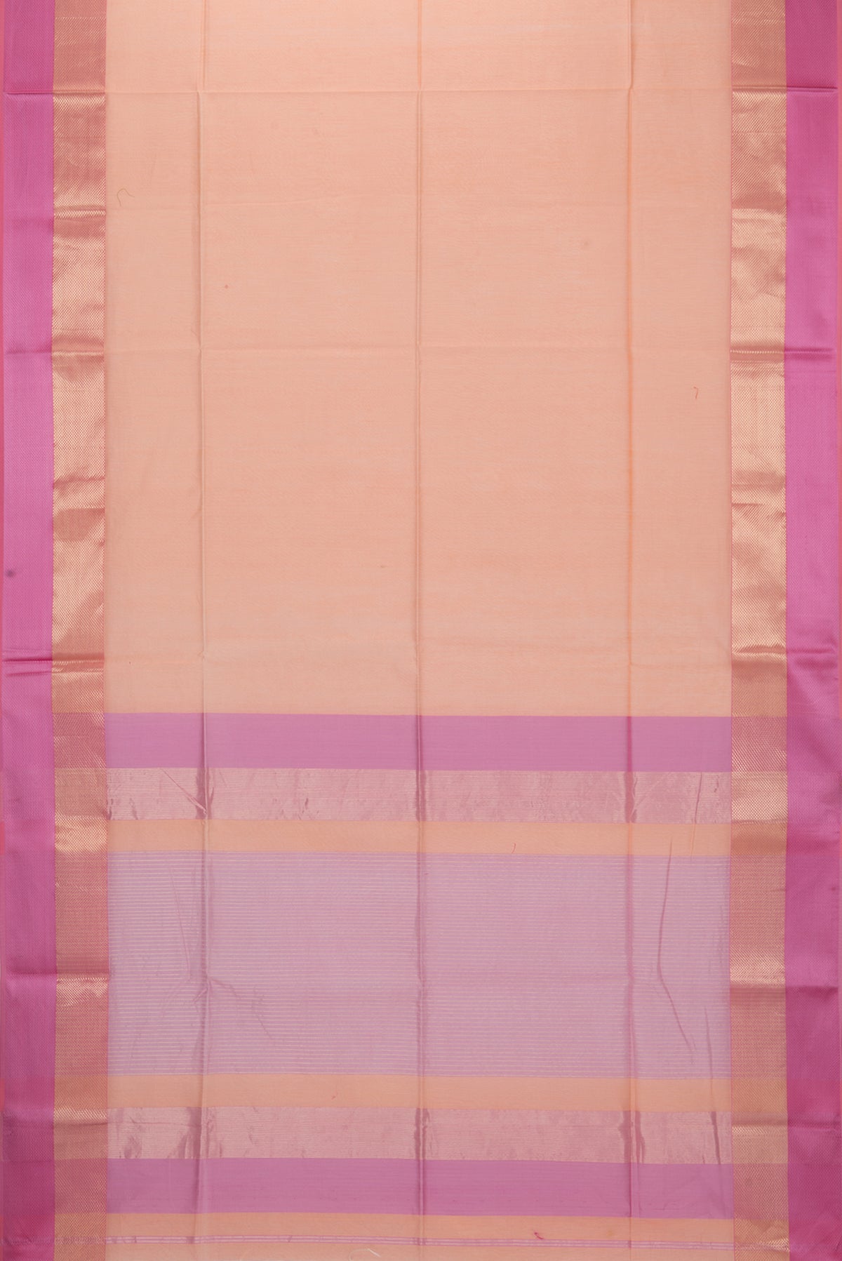 Flat view of Peach Maheshwari Silk Saree with Plain Body and Zari And Thread Border. 