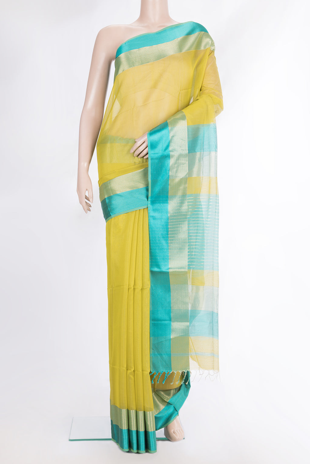 Pure Silk Parrot Green Dual Tone Maheshwari Saree with Plain Body and Zari And Thread Border.  displayed on a mannequin