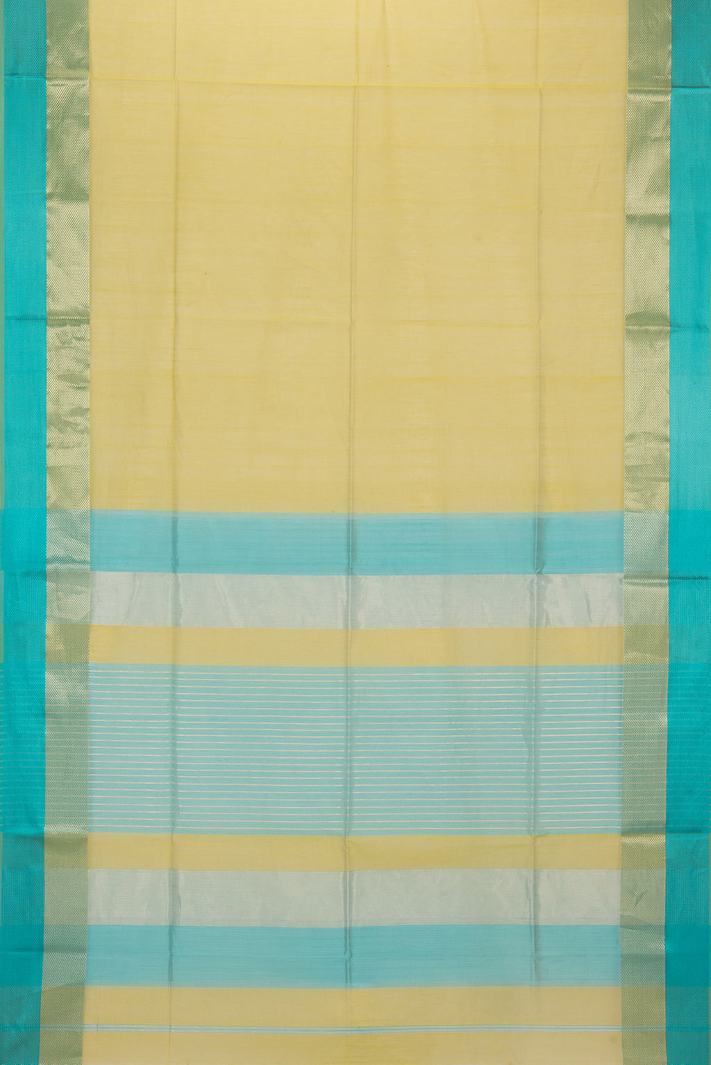 Flat view of Pure Silk Parrot Green Dual Tone Maheshwari Saree with Plain Body and Zari And Thread Border. 
