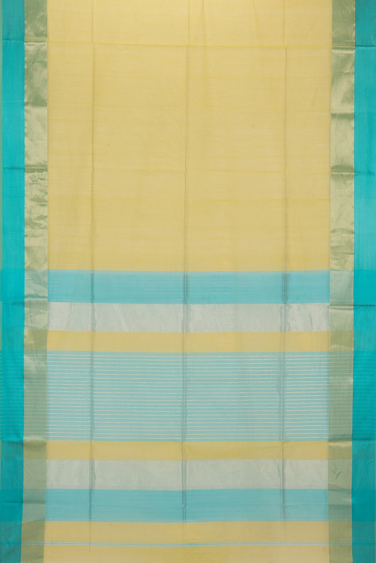 Flat view of Pure Silk Parrot Green Dual Tone Maheshwari Saree with Plain Body and Zari And Thread Border. 