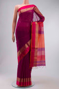 Purple Maheshwari Silk Saree with Plain Body and Zari Border displayed on a mannequin