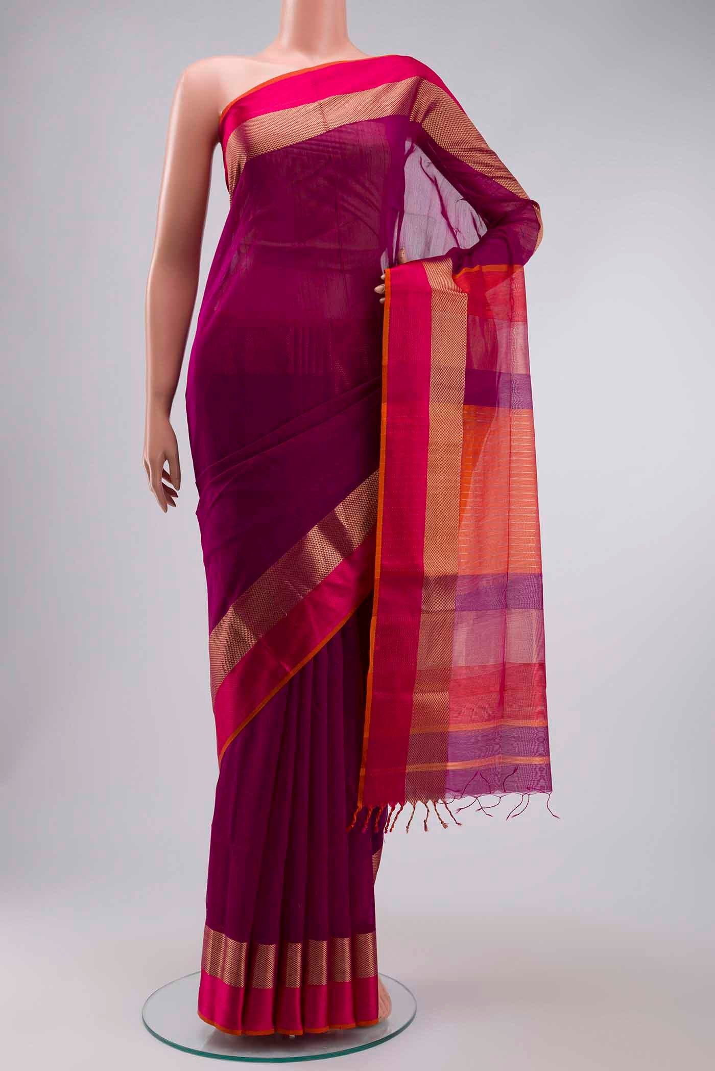 Purple Maheshwari Silk Saree with Plain Body and Zari Border displayed on a mannequin