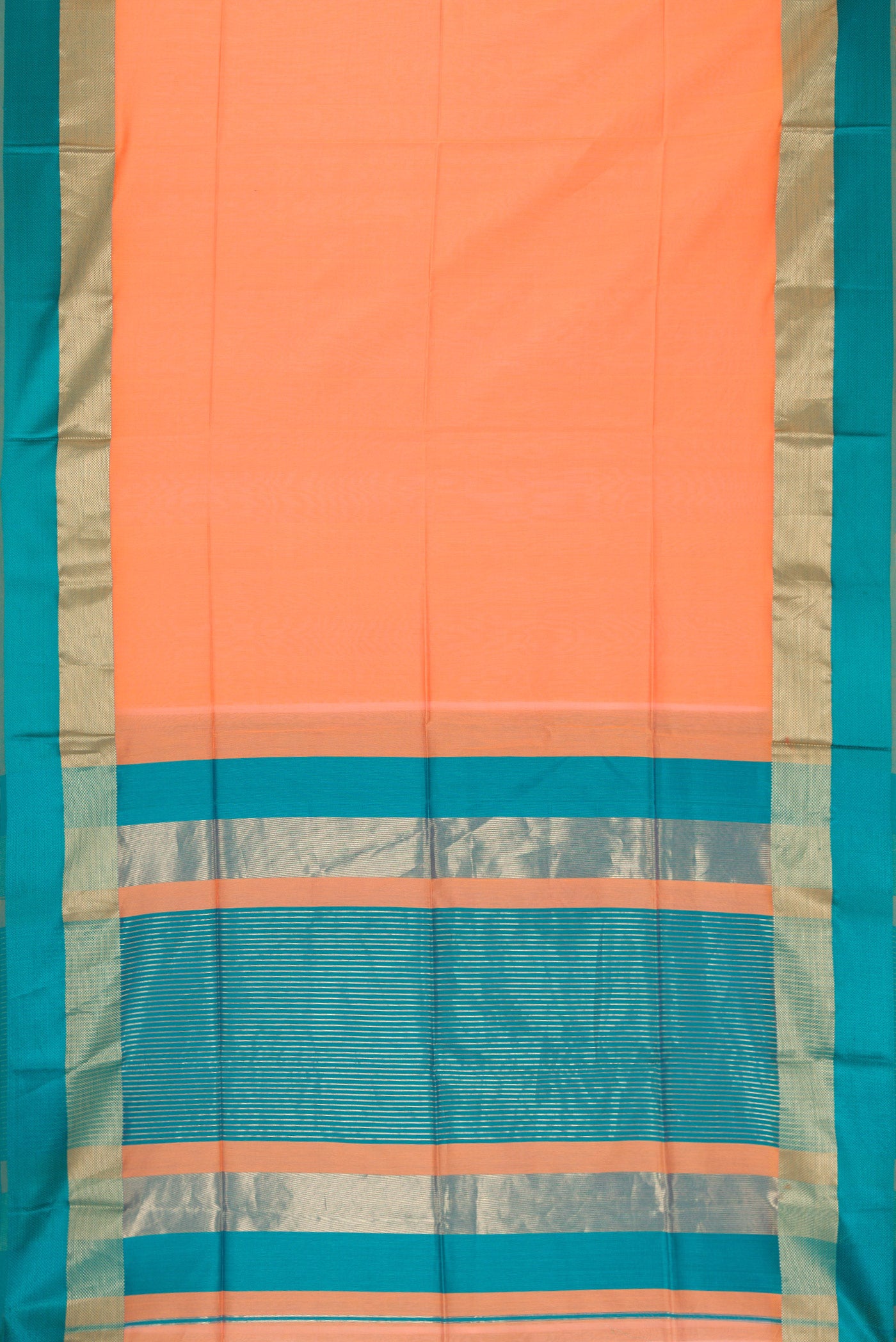 Flat view of Orange Dual Tone Maheshwari Silk Saree with Plain Body and Zari And Thread Border. 