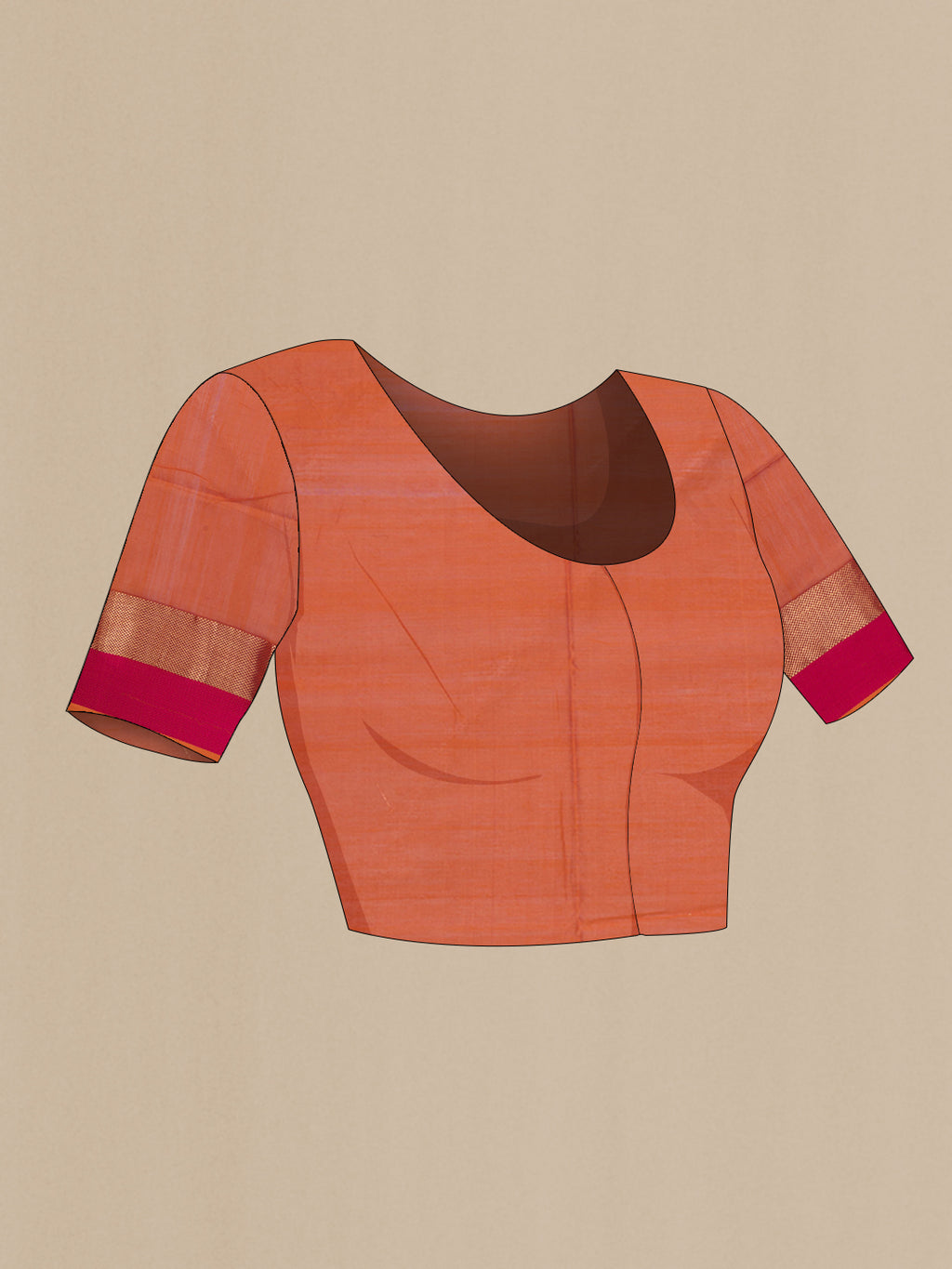 Close up image of the blouse of Pink Maheshwari Silk Saree with Plain Body and Zari And Thread Border. 