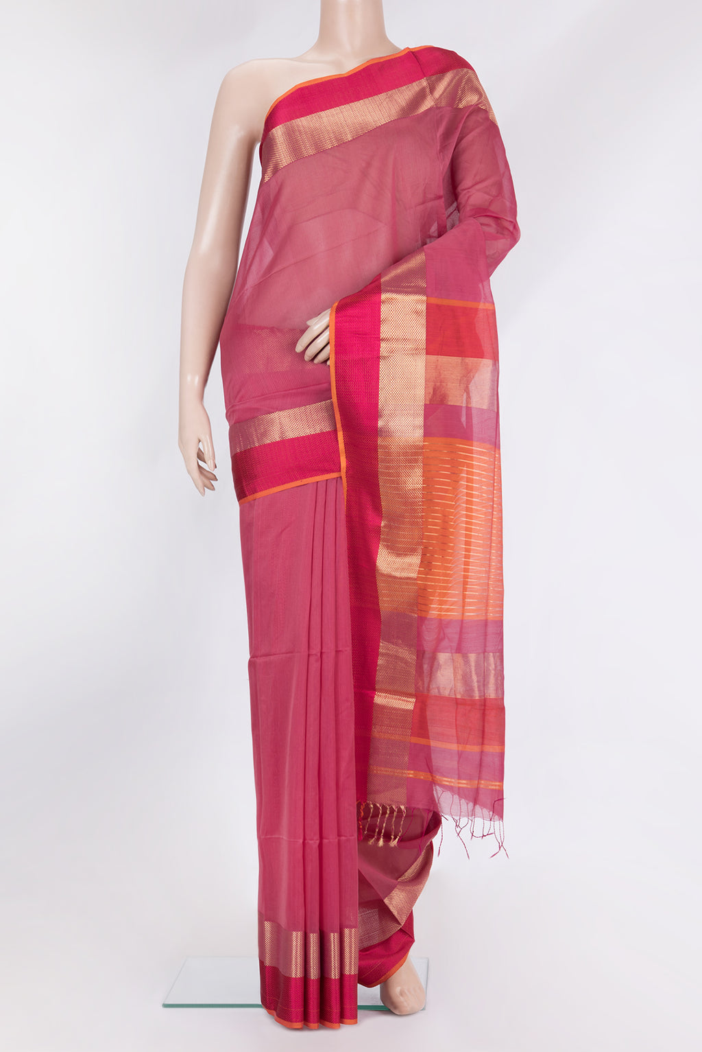 Pink Maheshwari Silk Saree with Plain Body and Zari And Thread Border.  displayed on a mannequin