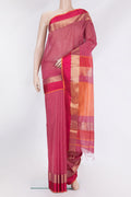 Pink Maheshwari Silk Saree with Plain Body and Zari And Thread Border.  displayed on a mannequin