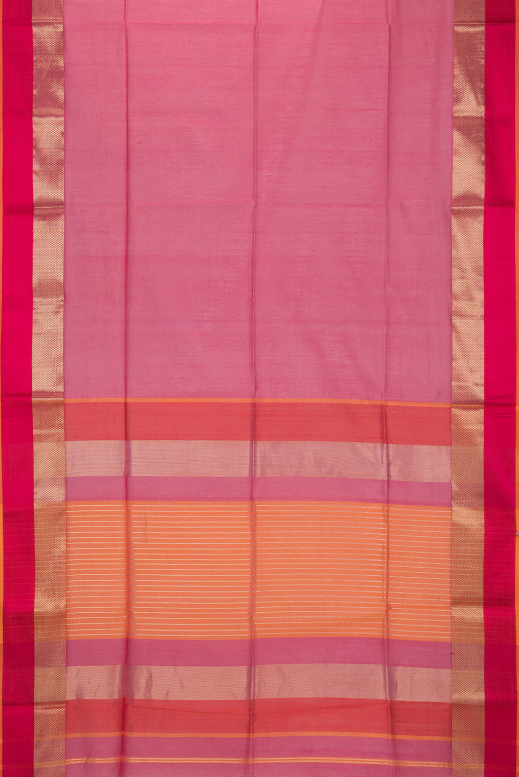 Flat view of Pink Maheshwari Silk Saree with Plain Body and Zari And Thread Border. 