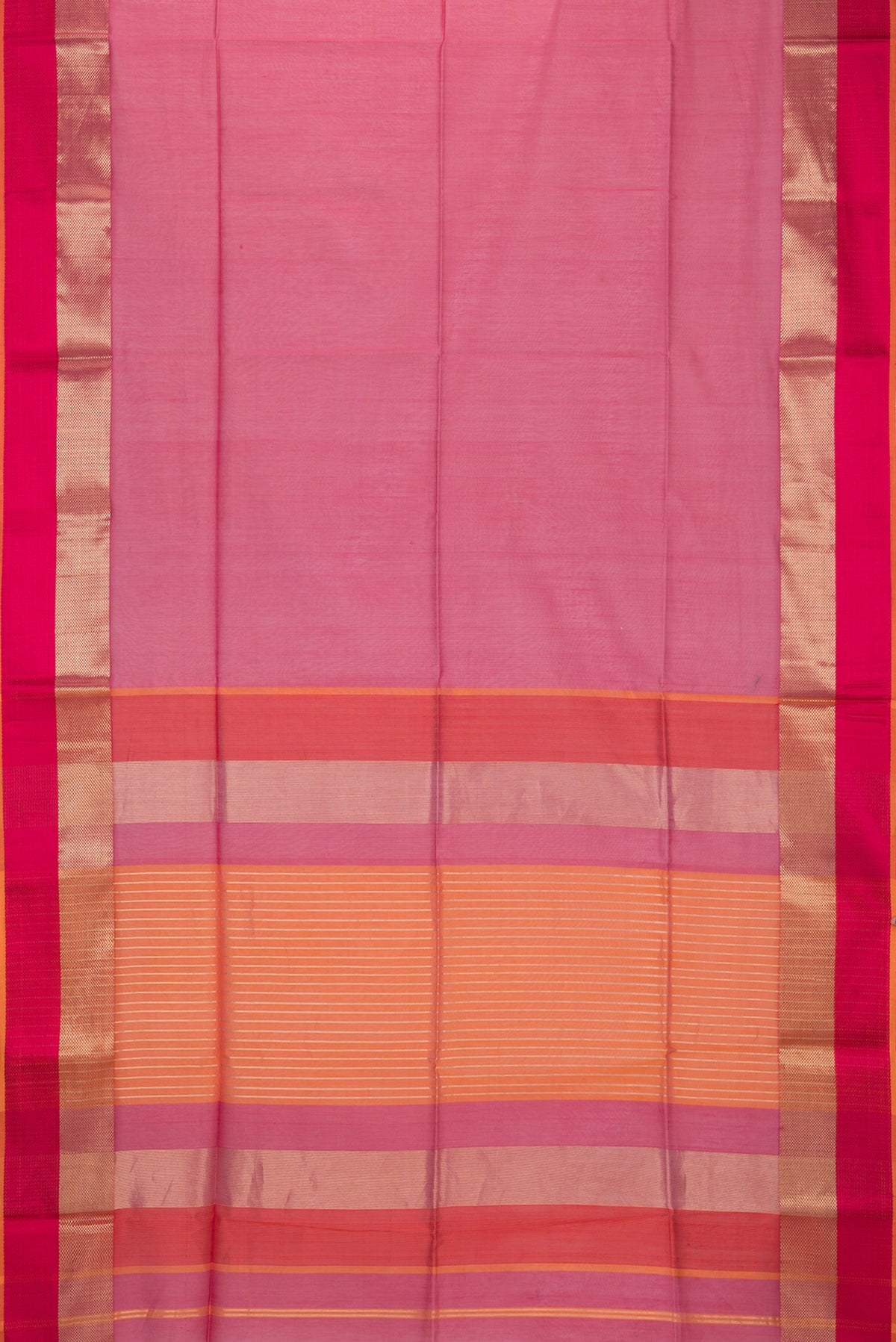 Flat view of Pink Maheshwari Silk Saree with Plain Body and Zari And Thread Border. 