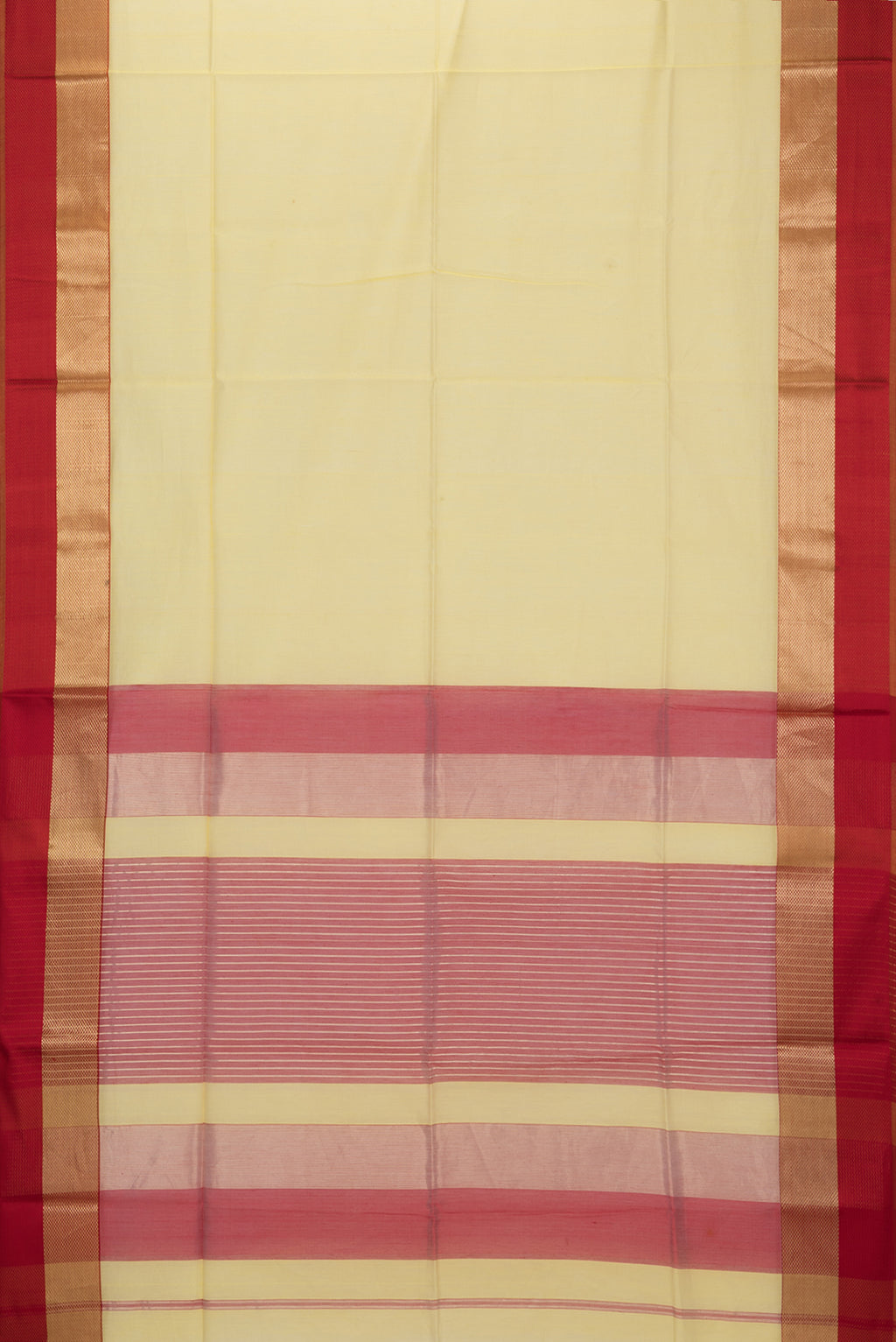 Flat view of Yellow Maheshwari Silk Saree with Plain Body and Zari And Thread Border. 