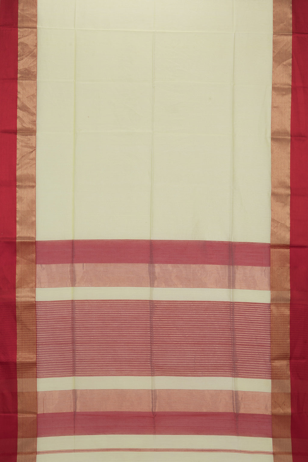 Flat view of Pure Silk Pista Green Dual Tone Maheshwari Saree with Plain Body and Zari And Thread Border. 