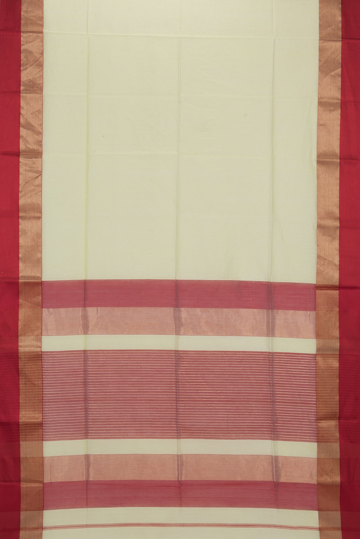 Flat view of Pure Silk Pista Green Dual Tone Maheshwari Saree with Plain Body and Zari And Thread Border. 