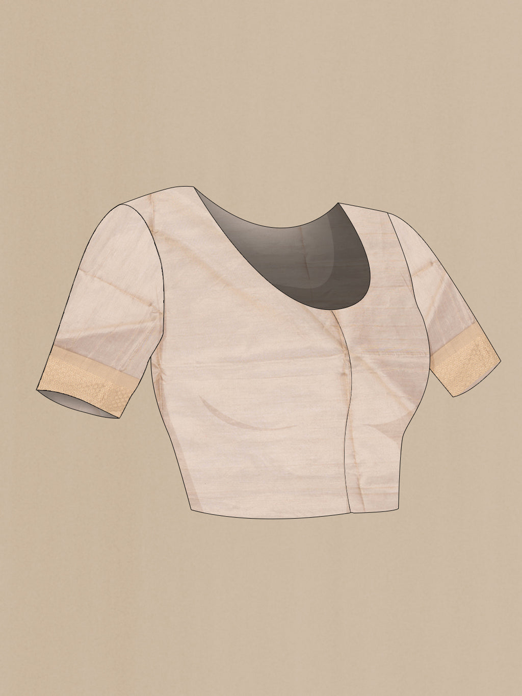 Close up image of the blouse of Rose Gold Dual Tone Maheshwari Silk Saree with Plain Body and Zari Border. 