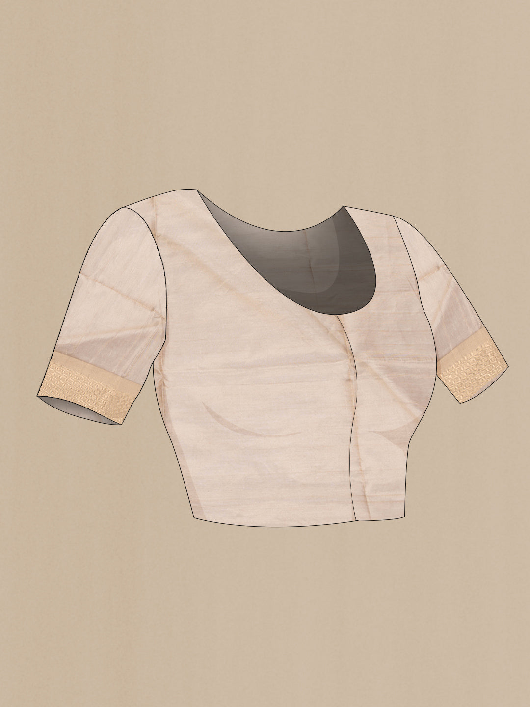 Close up image of the blouse of Rose Gold Dual Tone Maheshwari Silk Saree with Plain Body and Zari Border. 
