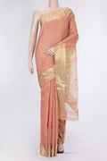Rose Gold Dual Tone Maheshwari Silk Saree with Plain Body and Zari Border.  displayed on a mannequin