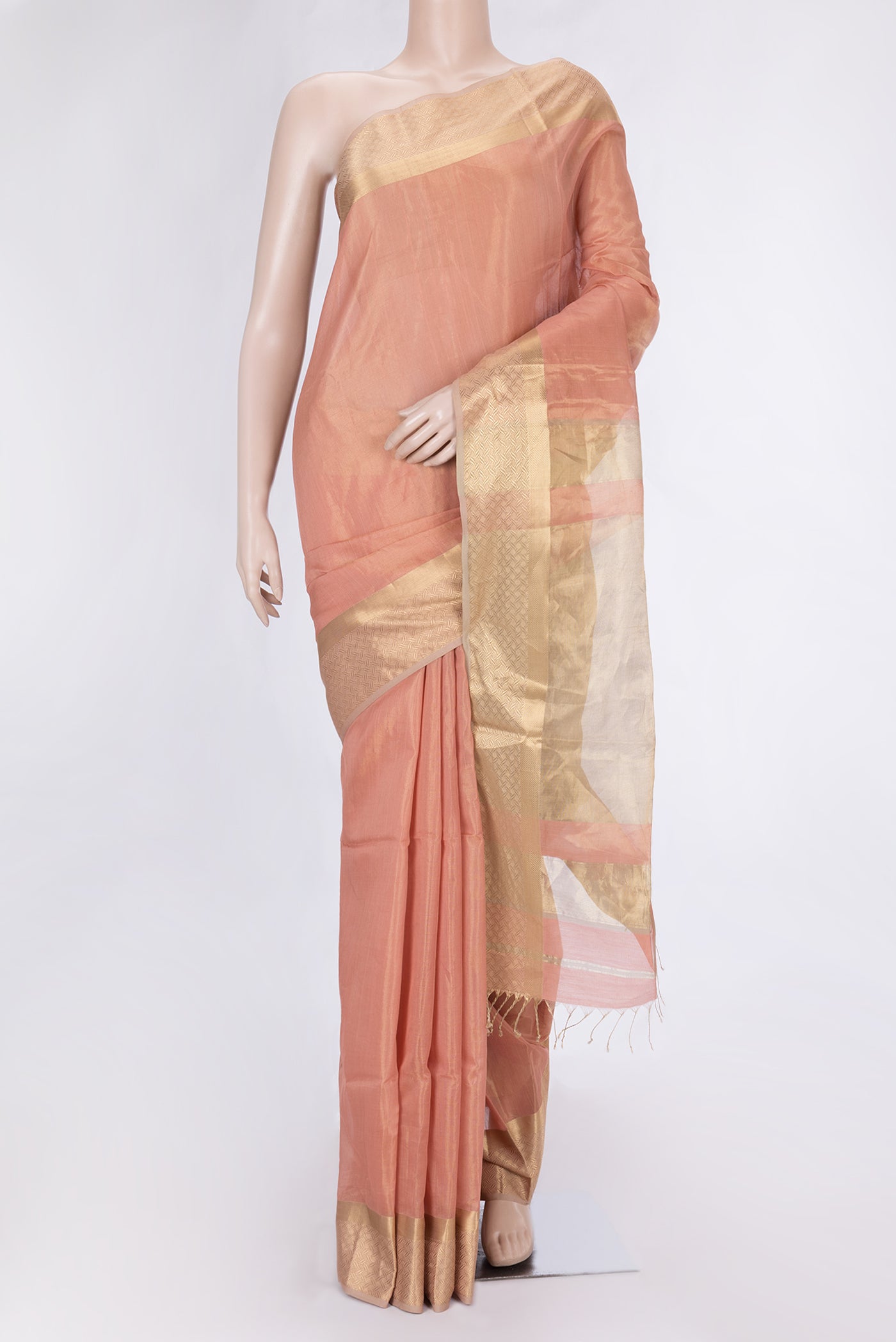 Rose Gold Dual Tone Maheshwari Silk Saree with Plain Body and Zari Border.  displayed on a mannequin