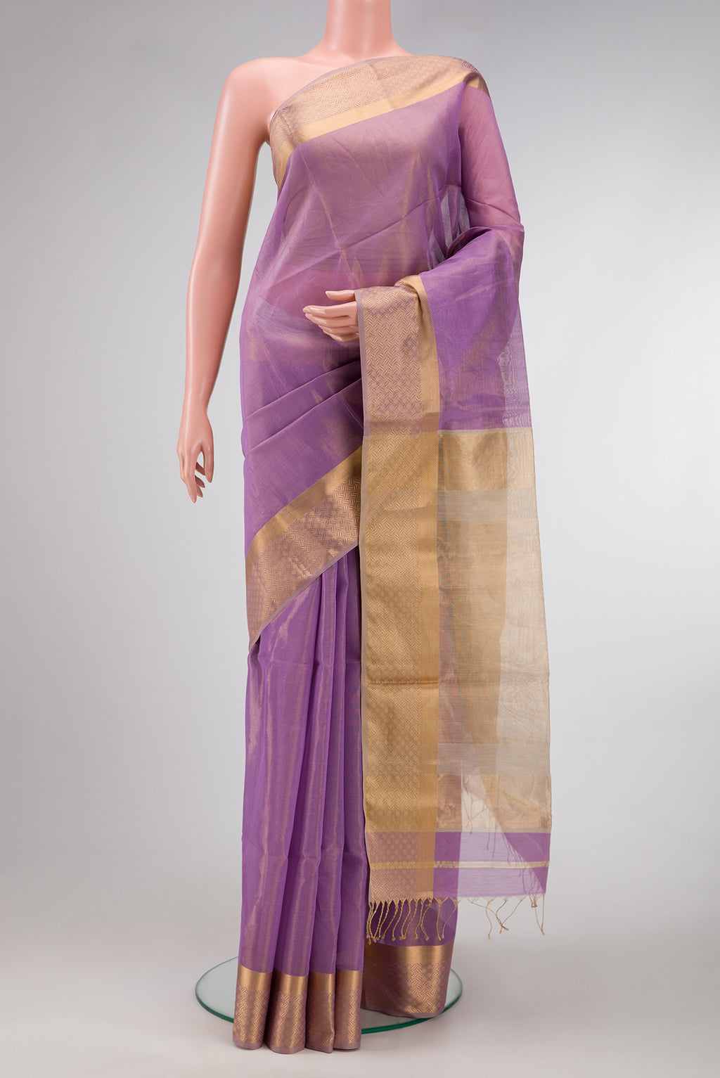 Lavender Dual Tone Maheshwari Tissue Silk Saree with Plain Body and Zari Border.  displayed on a mannequin
