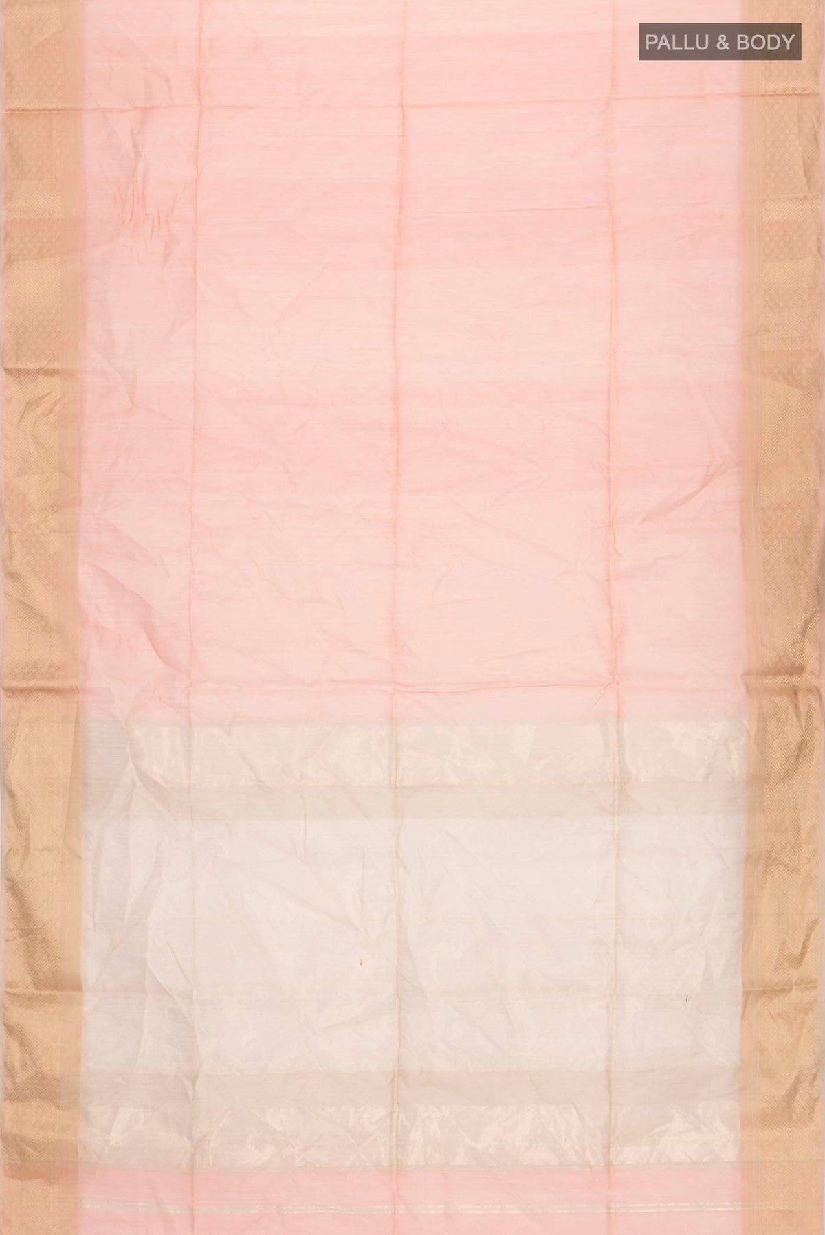 Flat view of Orange Maheshwari Tissue Silk Saree with Plain Body and Zari Border
